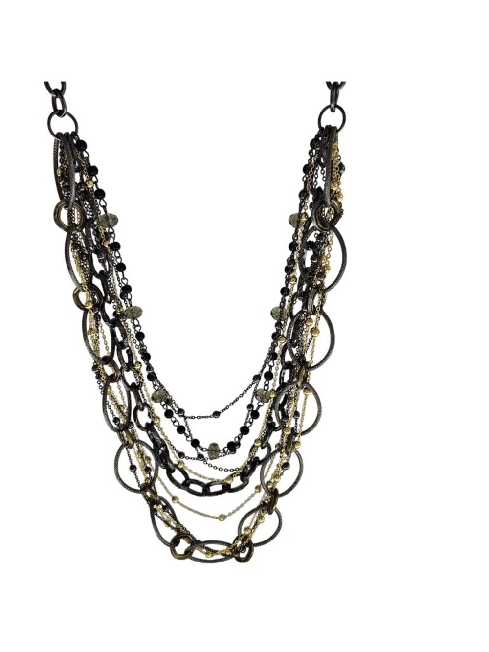 Gunmetal Chain Bib Necklace Rocker Glam Mixed Metal Multi Strand Goth Jewelry